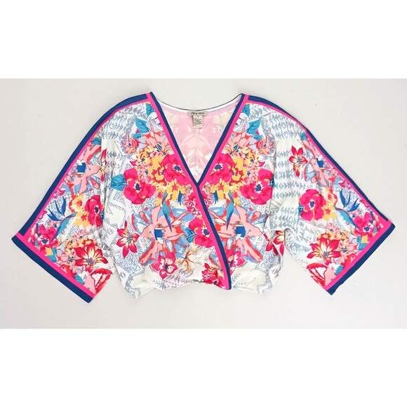 Flying Tomatoe Crop V Neck Kimono Top Colorful Floral Print Stretch Waist Sz M - Picture 1 of 8